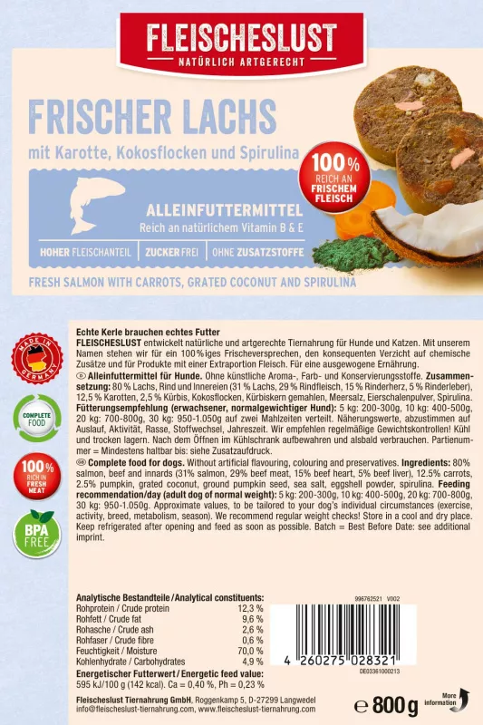 Frischer Lachs mit Rind, Karotten, Kürbis und Kokos 800g